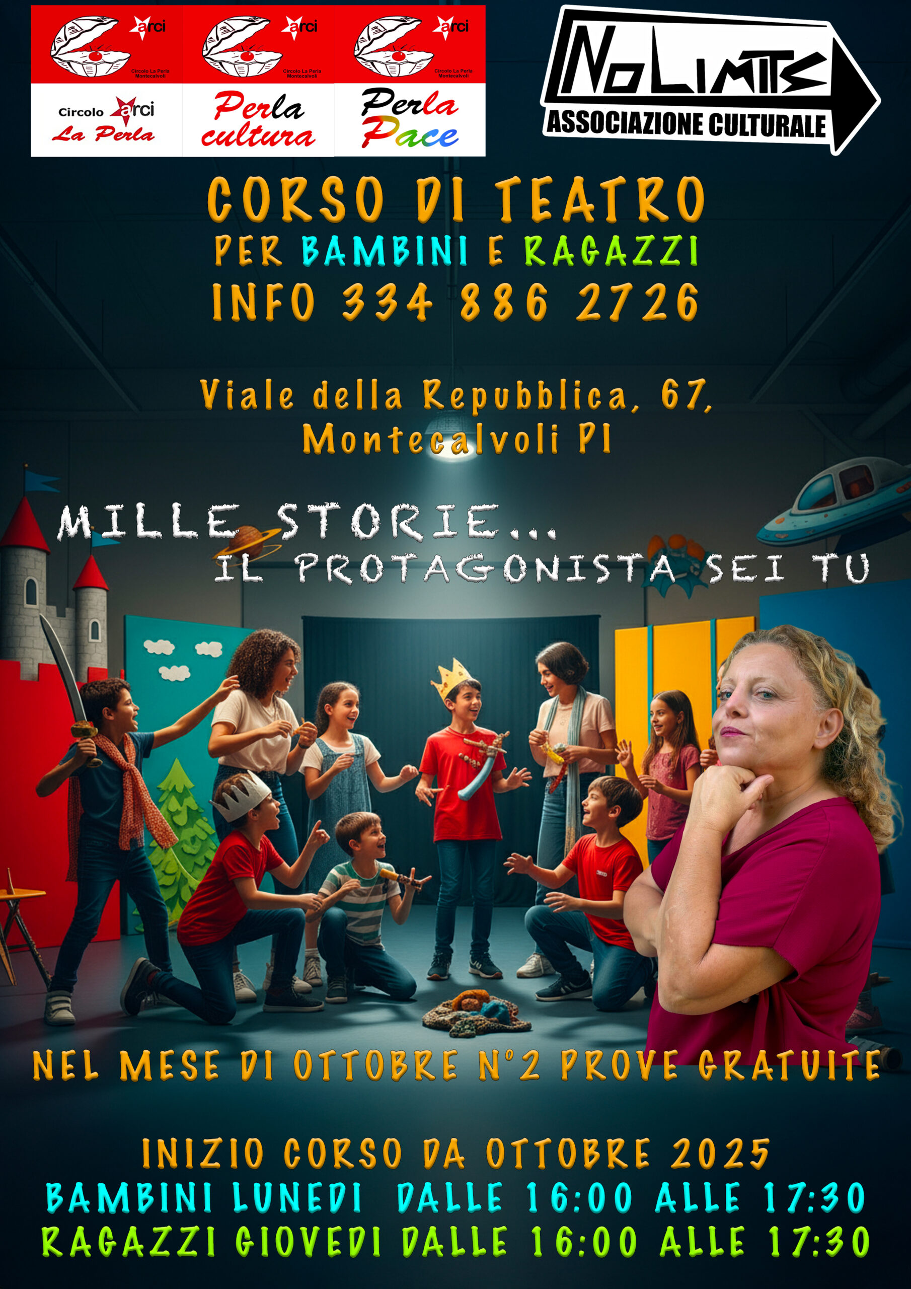 Locandina del corso di teatro per bambini e ragazzi Mille storie, il protagonista sei tu, da ottobre 2025 a Montecalvoli - corsi di teatro No Limits