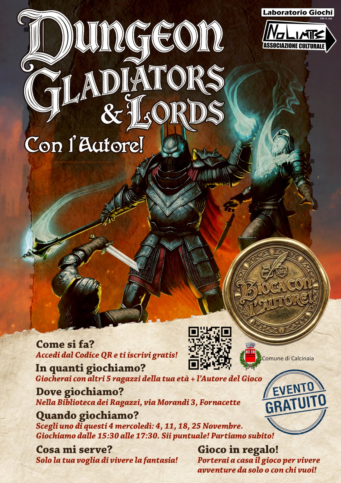Locandina Dungeon Gladiators & Lords con l'Autore: eventi gratis per ragazzi in biblioteca a Fornacette, mercoledì 4, 11, 18 e 25 novembre 2026
