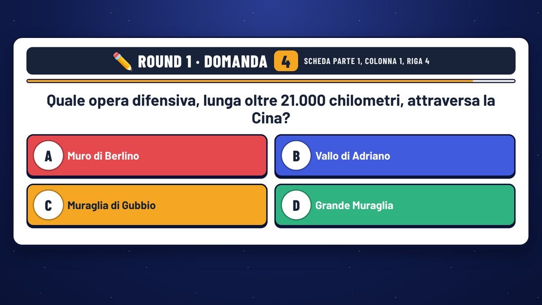 Domanda di Gioca e Vinci sul maxischermo con le quattro risposte A, B, C e D e l’indicazione del round e della riga della scheda