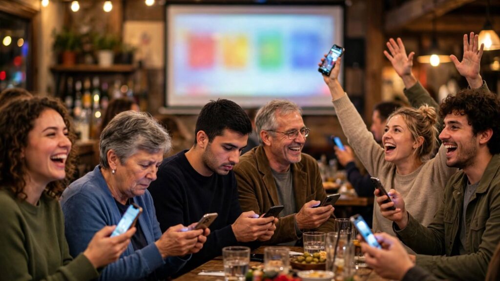 Serata Quizzopoli in un locale: la sala gioca dal proprio smartphone mentre le domande scorrono sul maxischermo